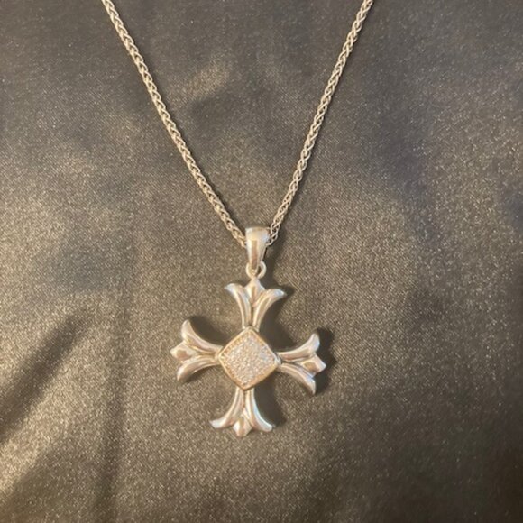 Sterling Silver and 14k yellow gold fancy cross with pave diamonds in center. - Picture 6 of 6